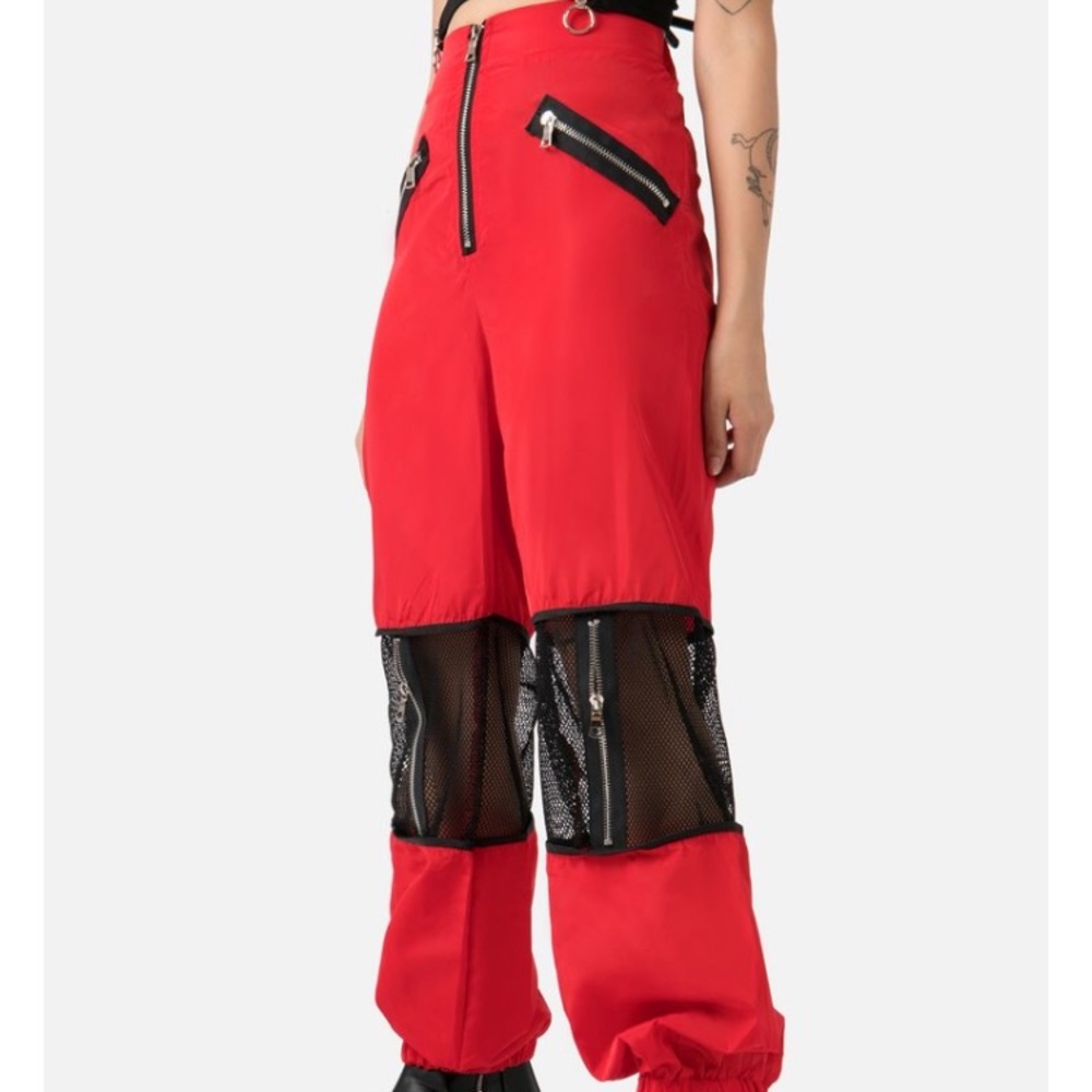Trendy red zipper jacket pants